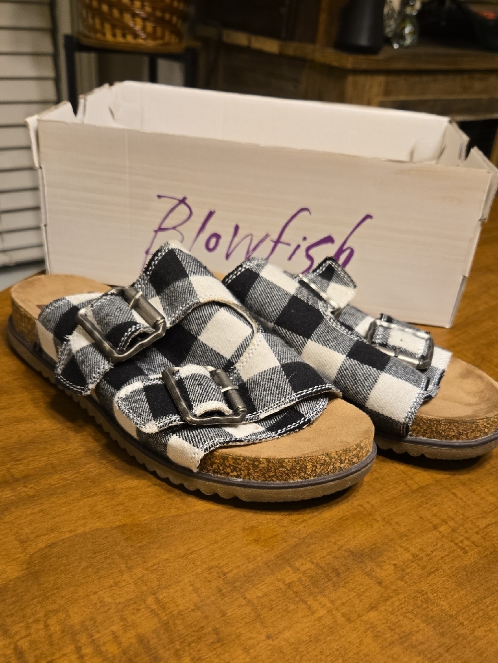 Blowfish Black & White Buffalo Plaid Double-Buckle Sandals